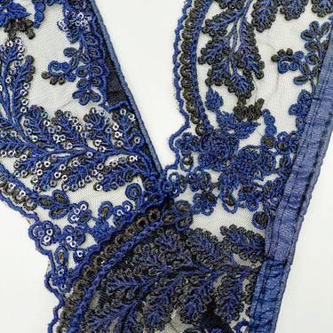 Black Net Scallop Lace Trim with Navy Blue Floral Embroidery With Sequins, Sari Border, Embroidered Trim